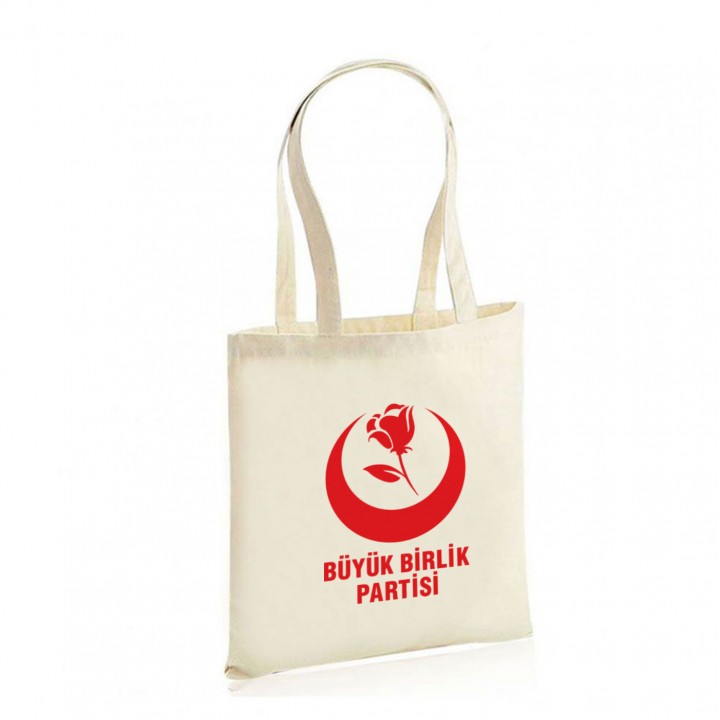 Büyük Birlik Partisi Logolu Doğal Renk Uzun Saplı Ham Bez Promosyon Çanta